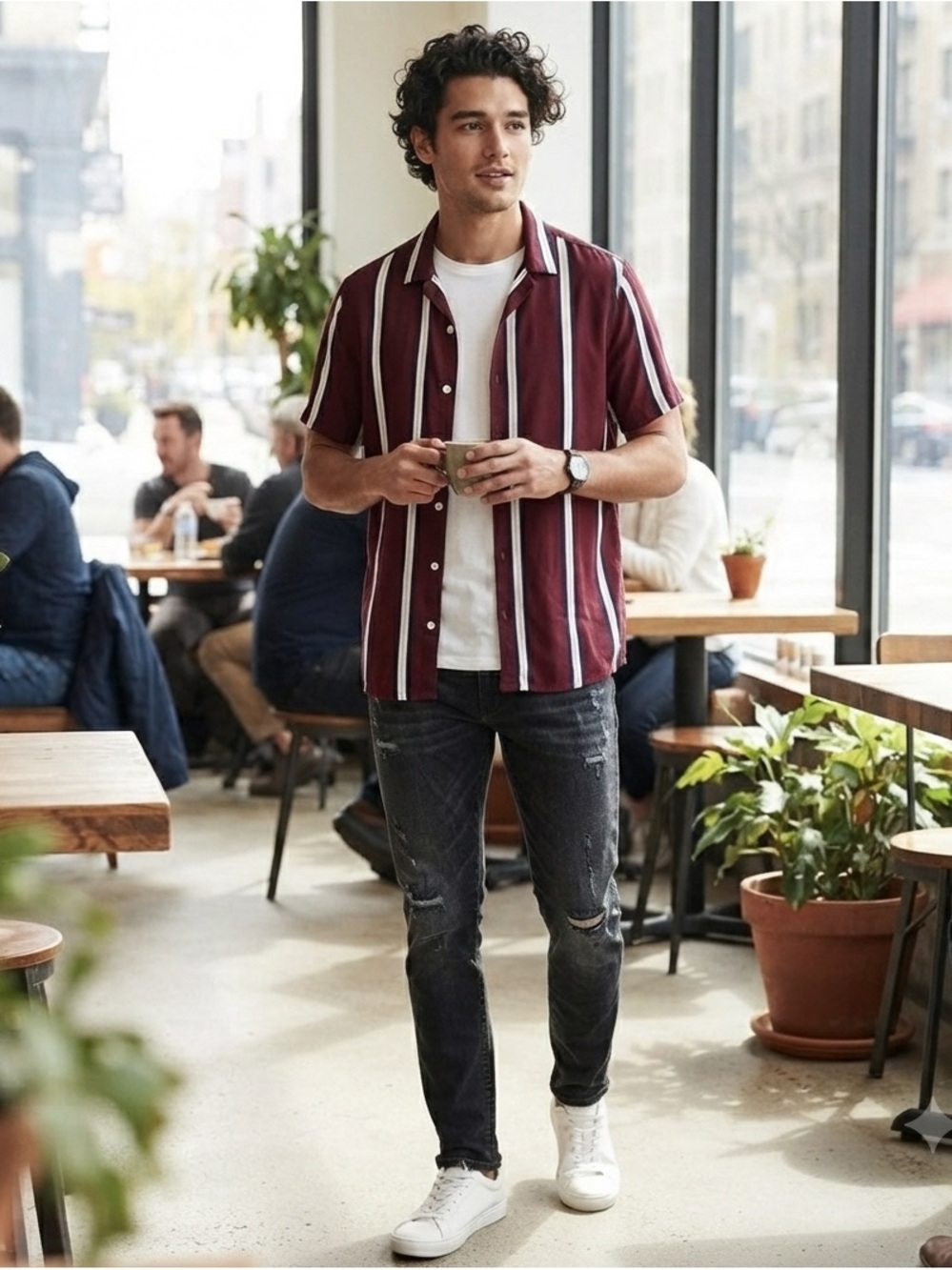 Hollister Short-Sleeve Button-Down Shirt - Burgundy with White Stripes